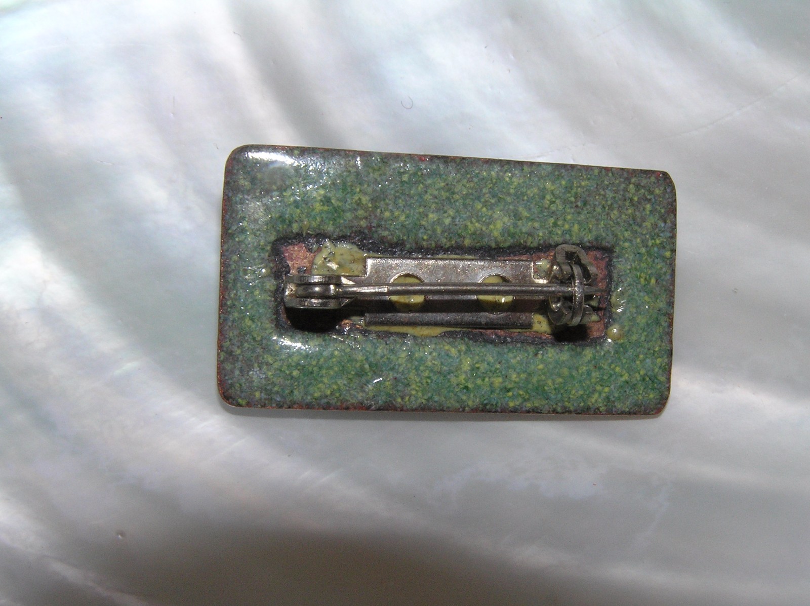 Vintage Handmade Small Light Blue Enameled Copper Rectangle w Dark Brown Stone
