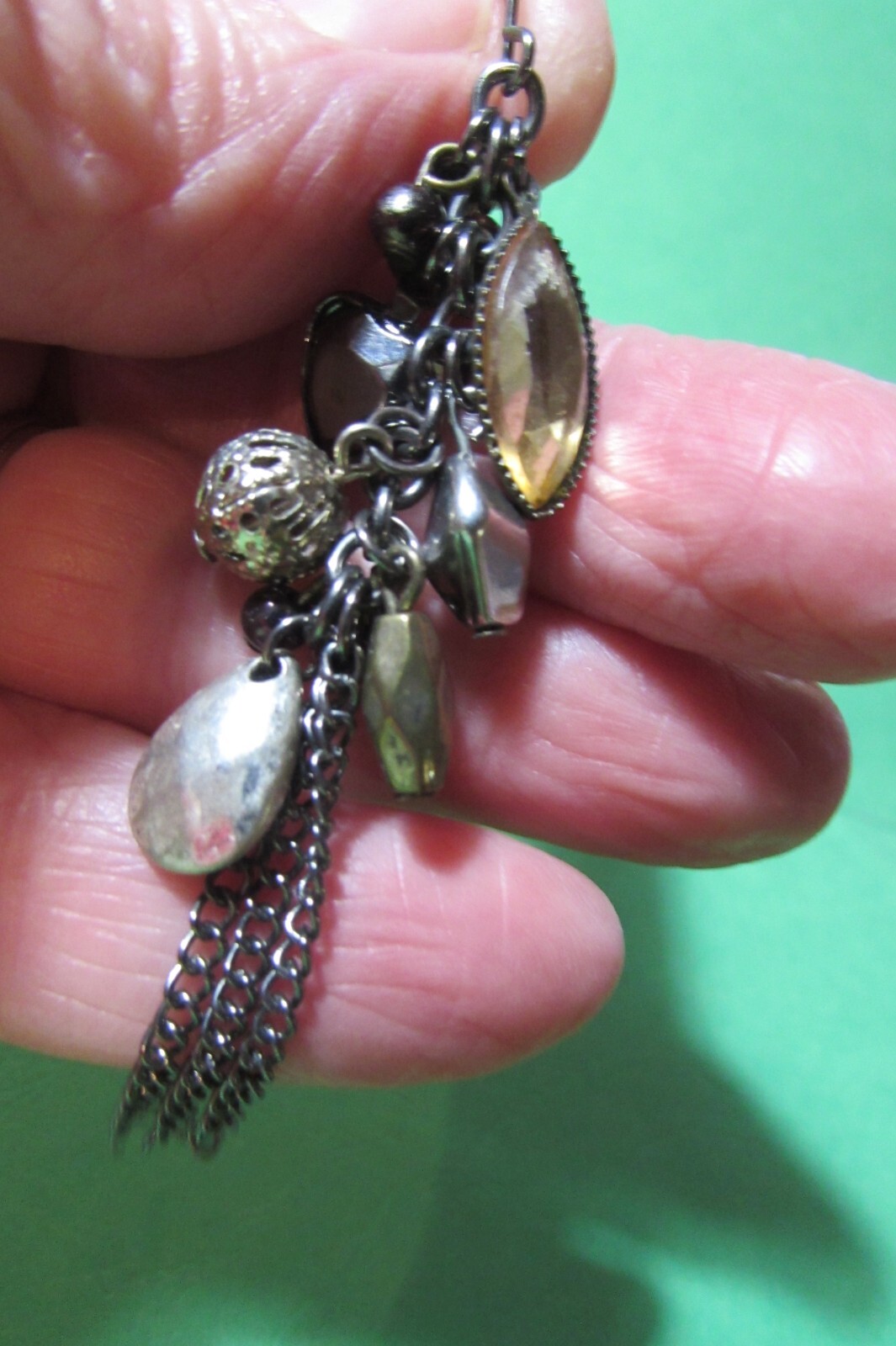 VINTAGE pierced earrings – silvertone/black/amber color metallic – about 3″ long