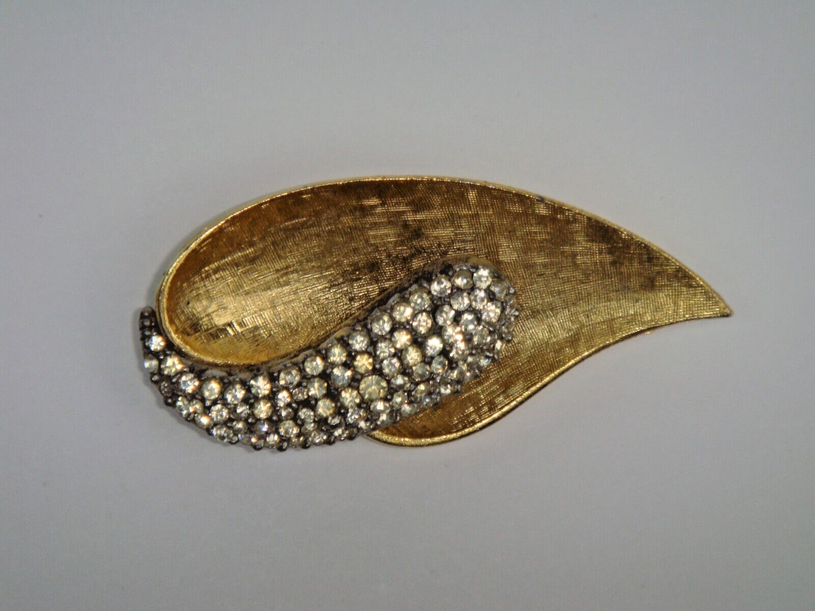 Leaf Pin-Brooch Brushed Yellow Gold-Tone with Crystal Rhinestones Signed B.S.K.