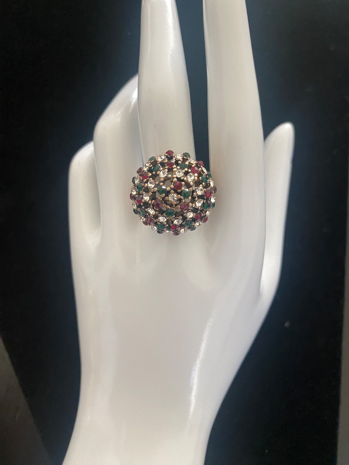 Ring Gold Tone Red Green Rhinestone Large statement Cocktail MCM Sz 9