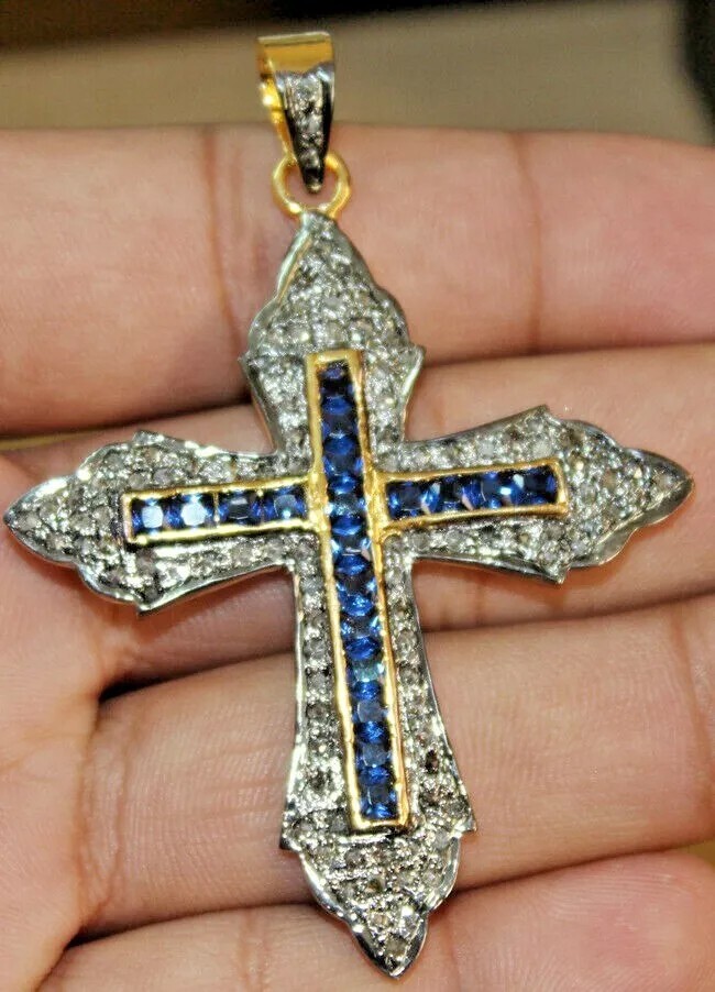 2.11ct Rose Cut Diamond Sapphire 925 Sterling Silver Anniversary Cross Pendant