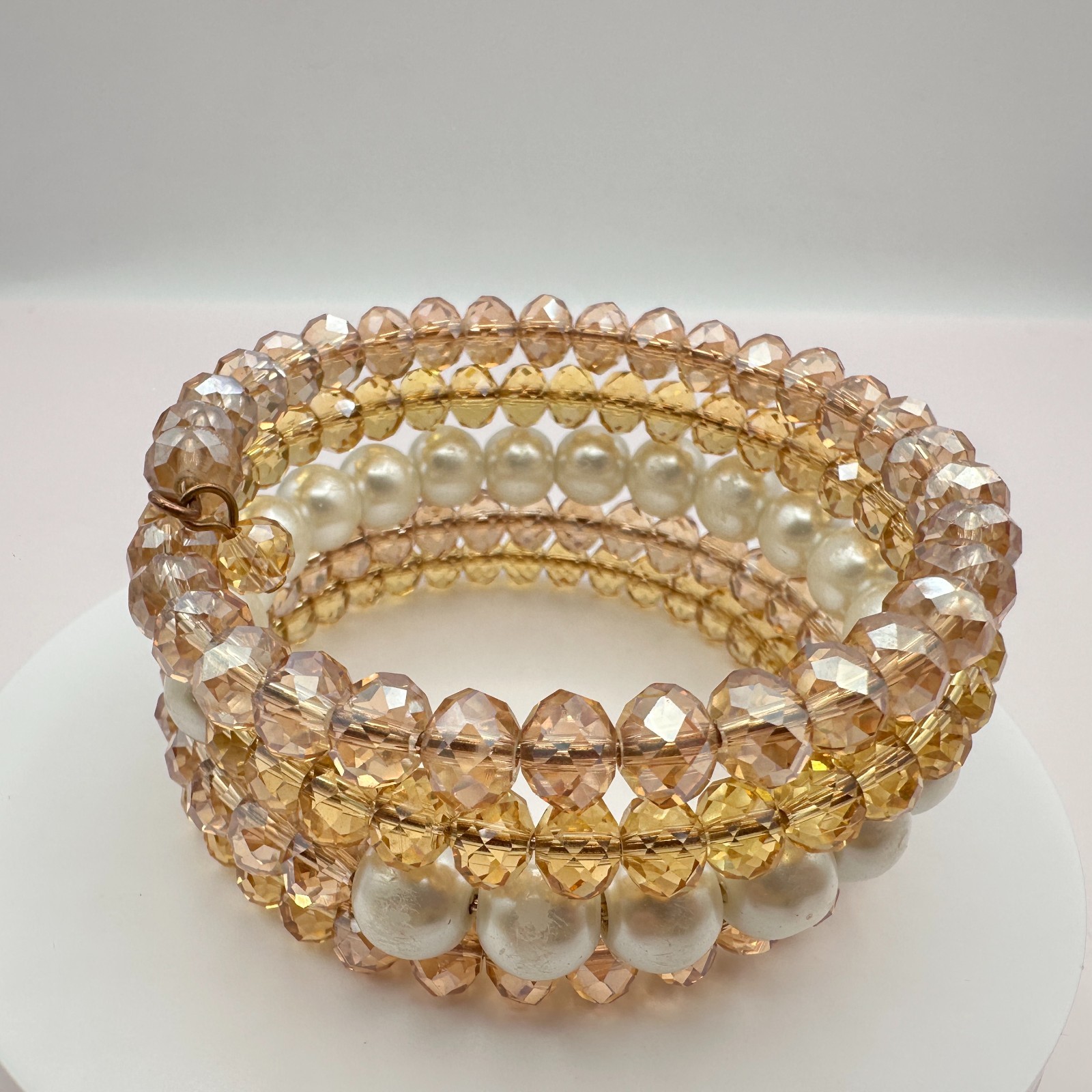 Vintage 90s Champagne Glass Bead & Faux Pearl Multi-Strand Wrap Bracelet Boho