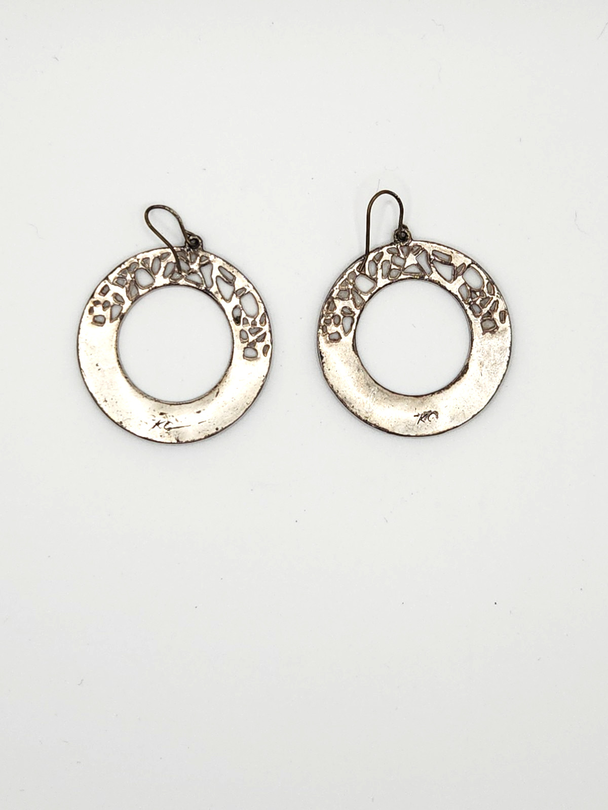 Vintage Abalone Open Circle Silver Earrings Signed KC Hook Mother Of Pearl