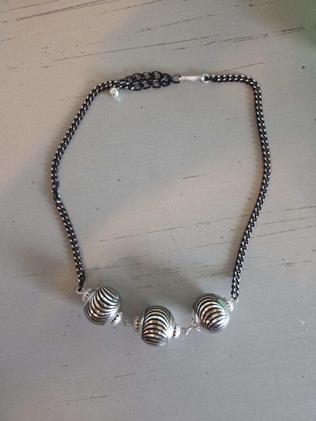 Vintage Western Germany Black And Silver Chain Necklace With 3 Large Ball Beads