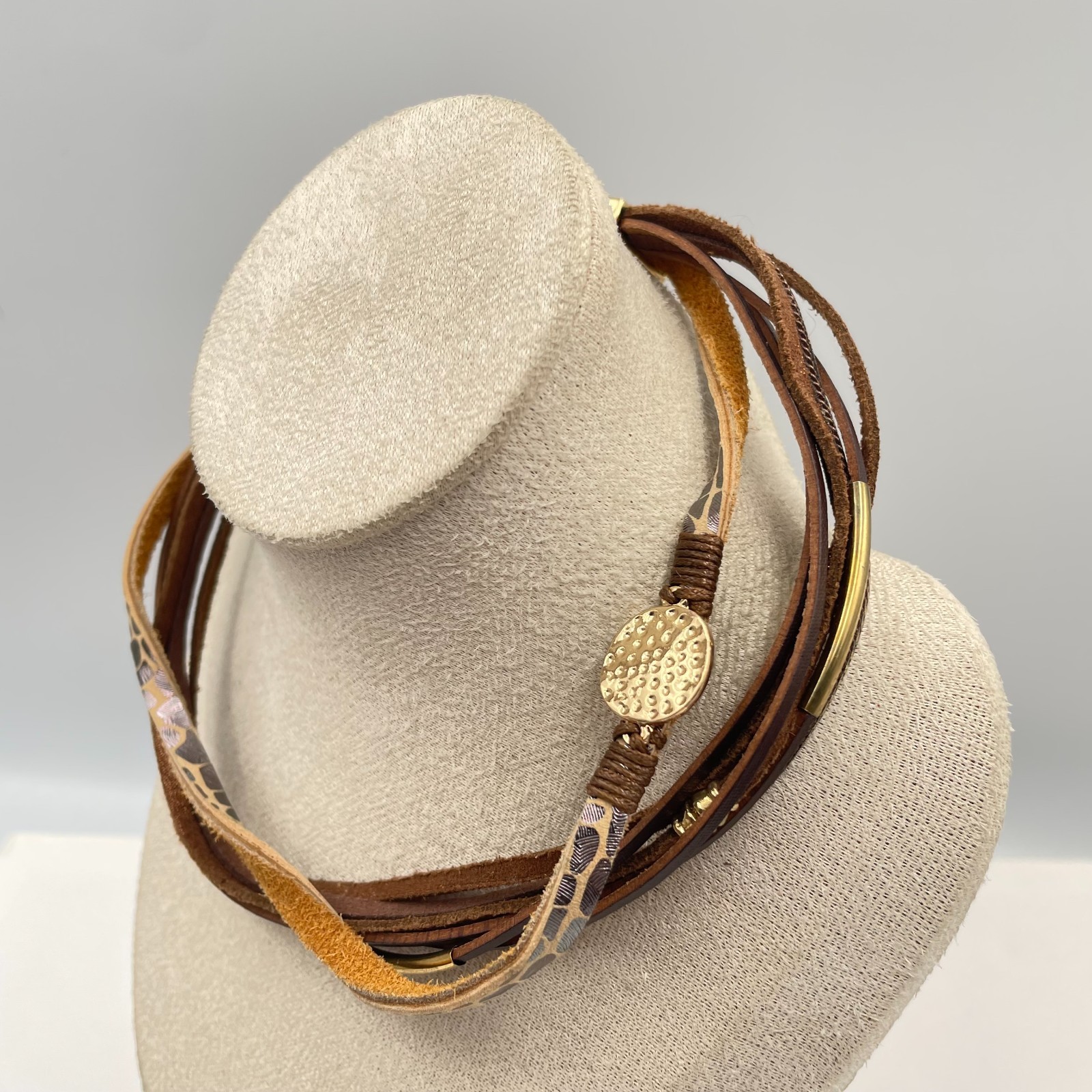 Vintage Boho Leather Wrap Bracelet Multi Strand Animal Magnetic Clasp Gold Tone