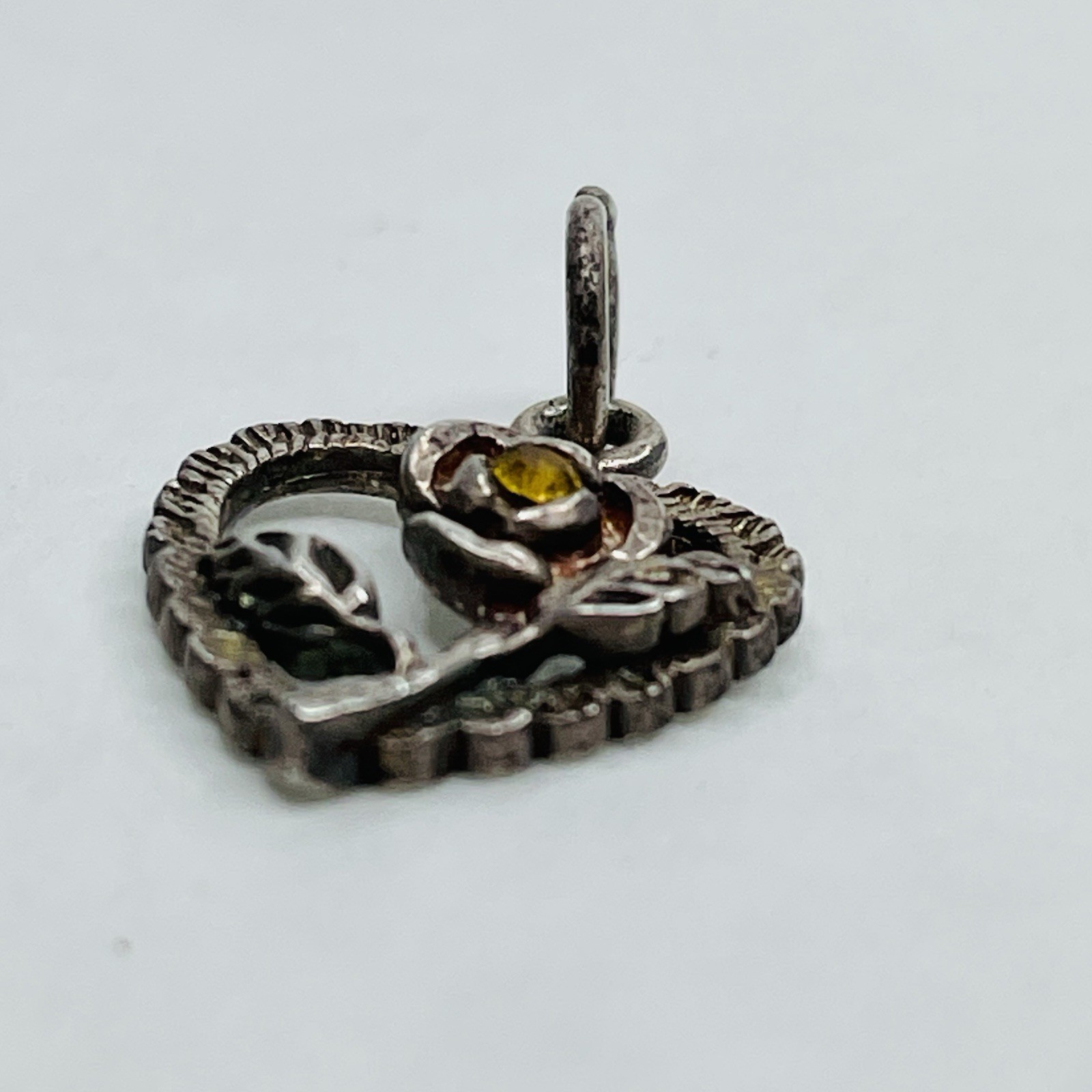 925 Sterling Silver Heart Charm Pendant Flower Yellow Rhinestone Mixed Metals