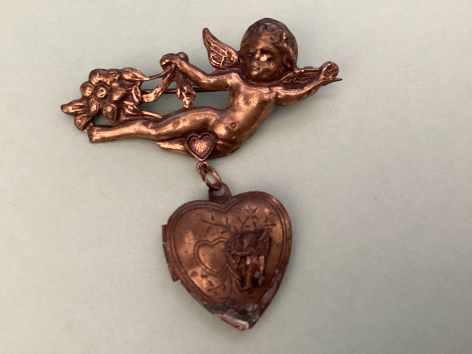 Victorian Valentine Cherub Heart Charm Brooch Brass Putti Angel Pin Vtg