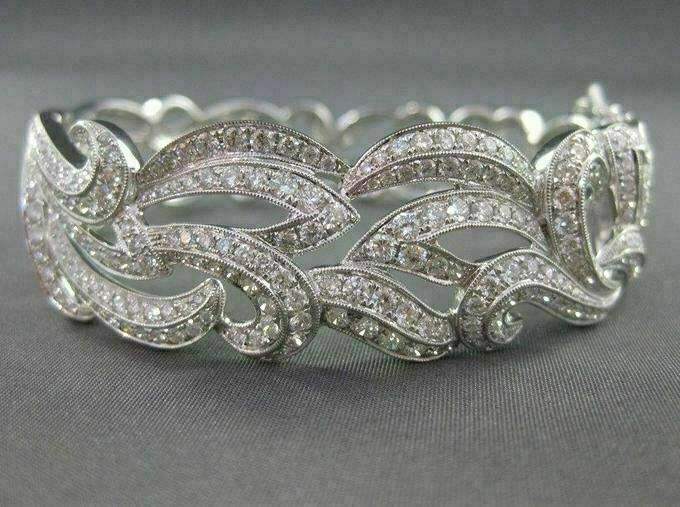 ANTIQUE WIDE 5.48CT DIAMOND 18KT WHITE GOLD BANGLE BRACELET F VS/VVS #G00114