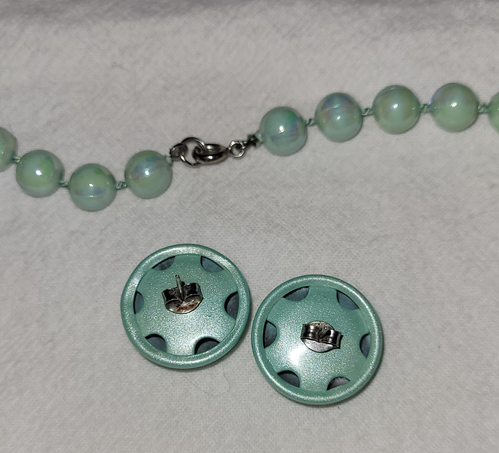 Vintage Teal Blue Aqua Acrylic Iridescent Beaded Necklace W Matching Earrings