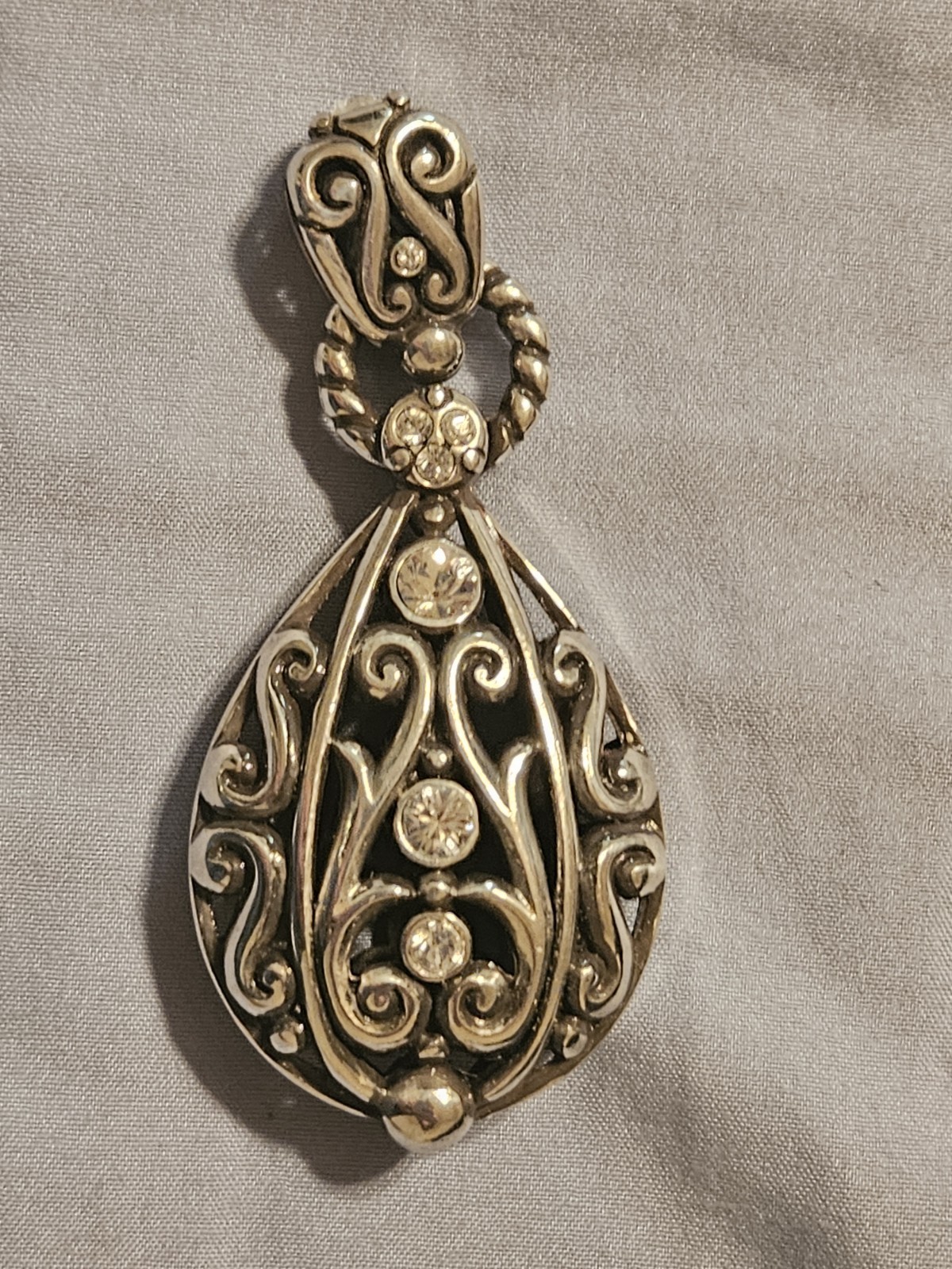 Antique Silver Pewter, Crystals – Filigree Teardrop Pendant Charm