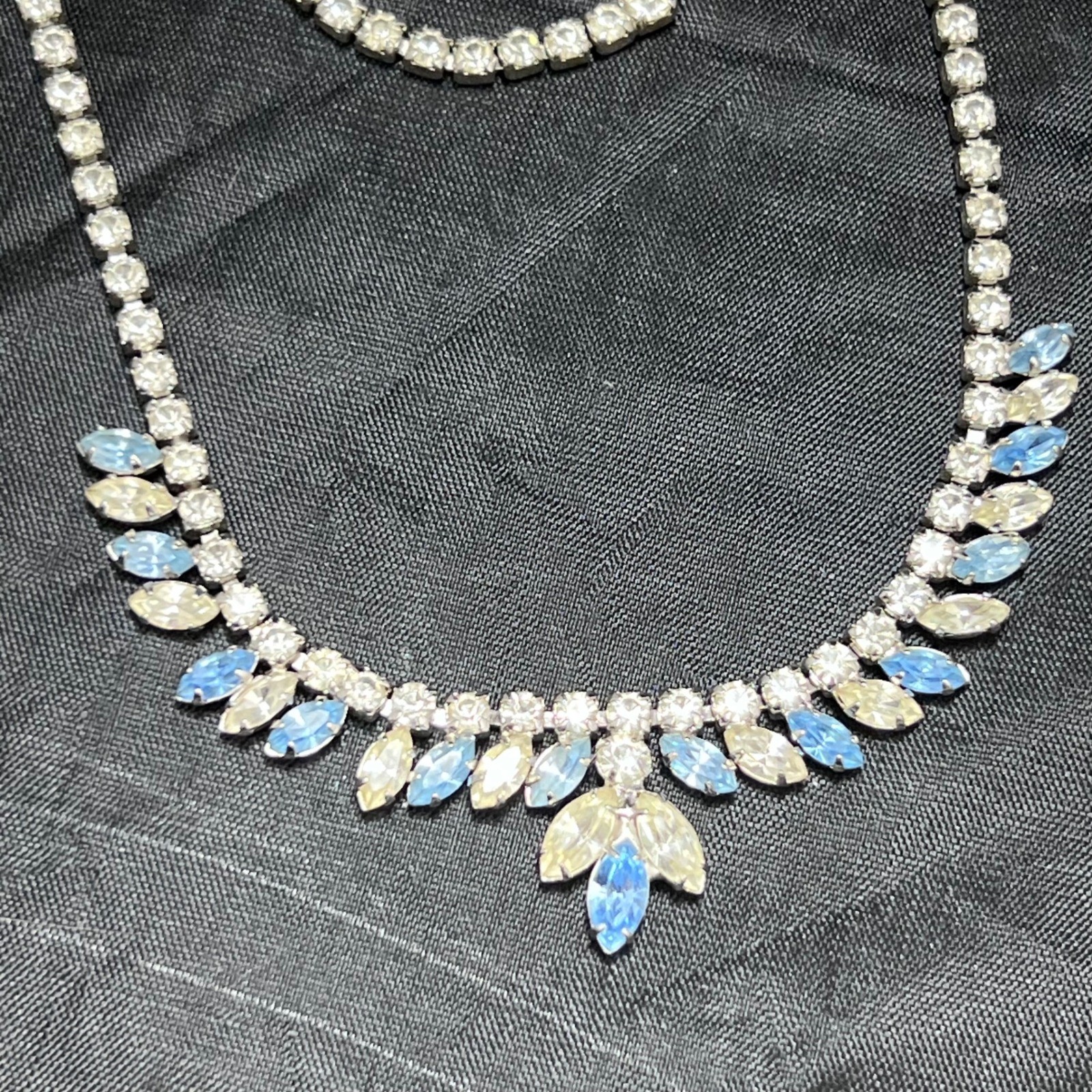 Vintage Blue Yellow Rhinestone Choker Necklace Silver Tone Marquise Bib 16.5in
