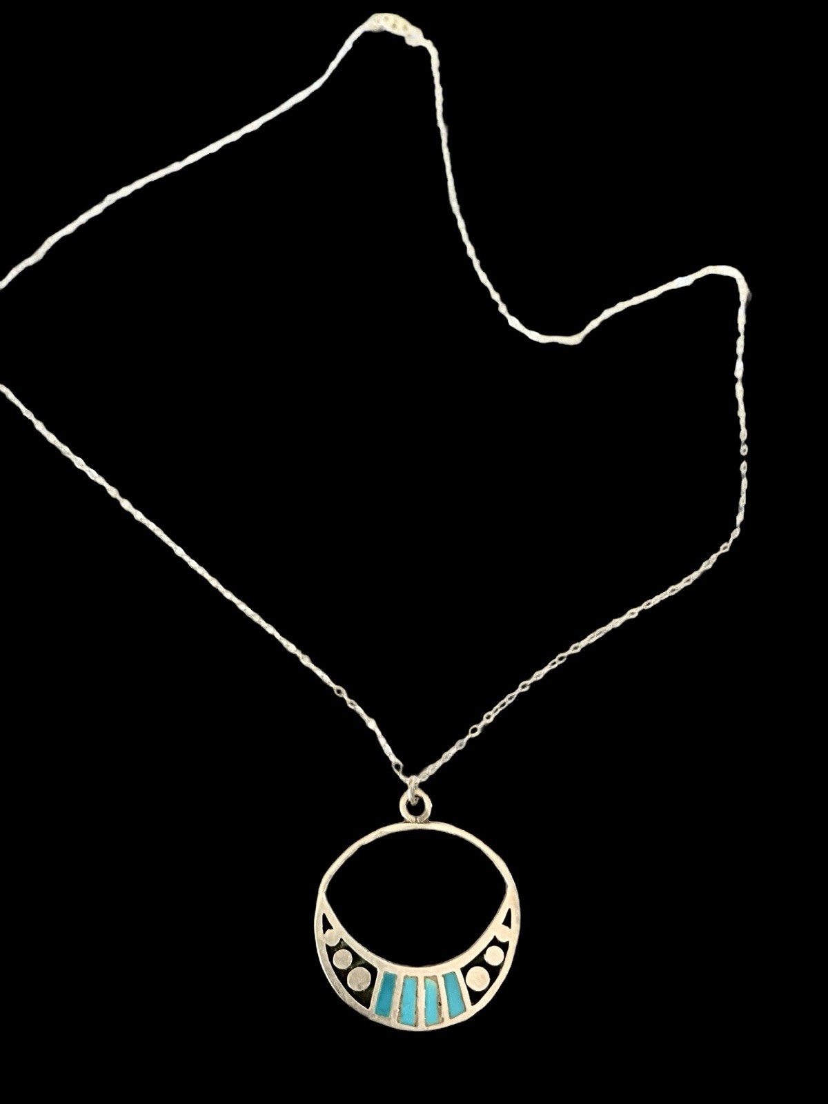 VTG Sterling Silver & Turquoise Inlay Modernist Southwest Pendant Necklace~1950s