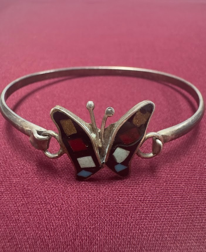 Vintage Silver Inlaid Mosaic Multi-Color Butterfly Cuff Latch Bracelet 11.24g