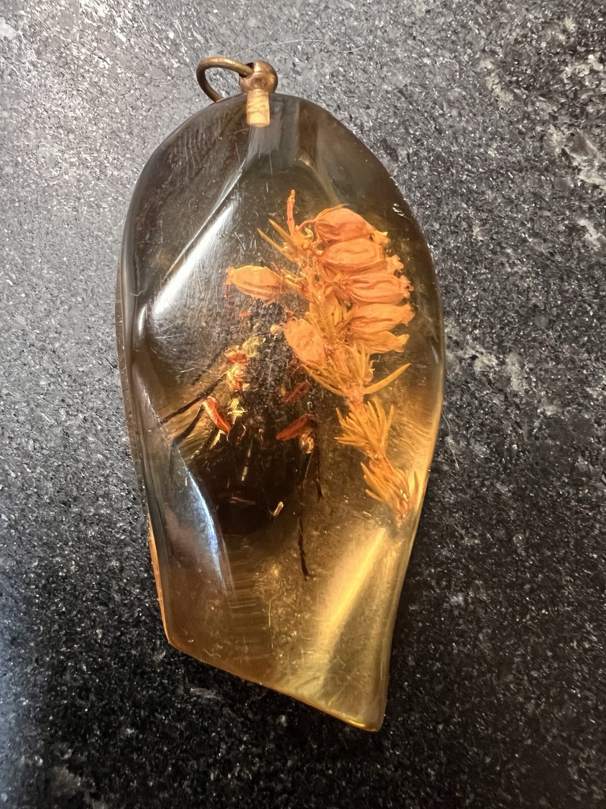 Amber Colored Resin Pendant With Fiery Search Ground Beetle & Flower 2.5”