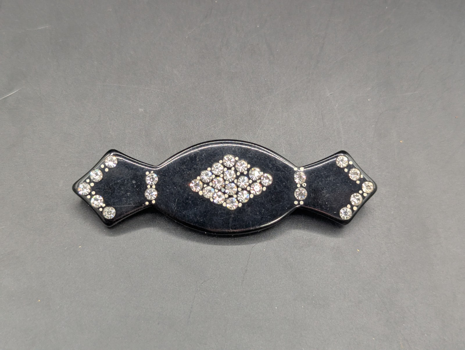 Vintage Art Deco Black Bakelite Celluloid Rhinestone Brooch Pin Candy Lozenge
