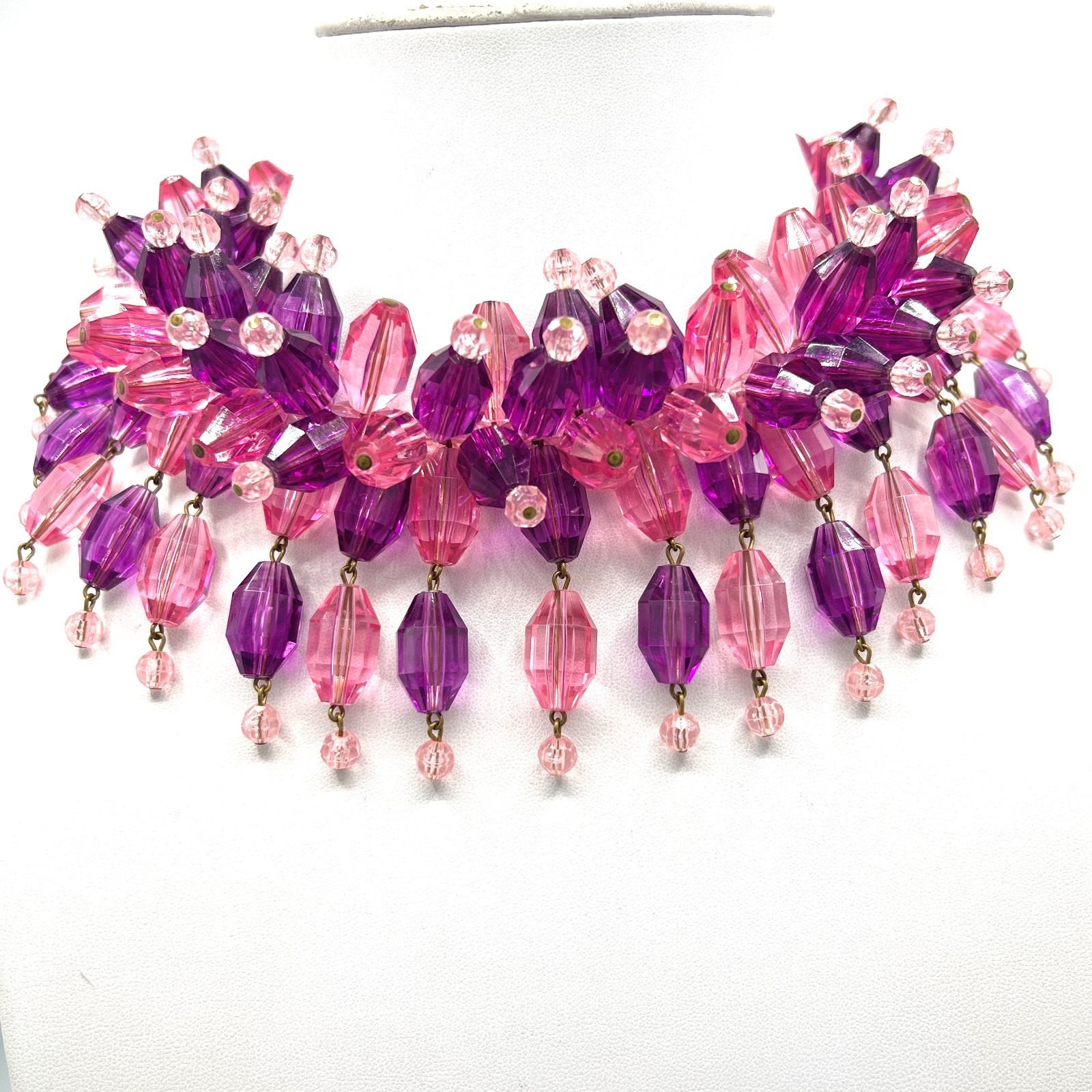 Vintage Pink Purple Faceted Bead Bib Necklace 1960s Cha Cha Fringe Necklace