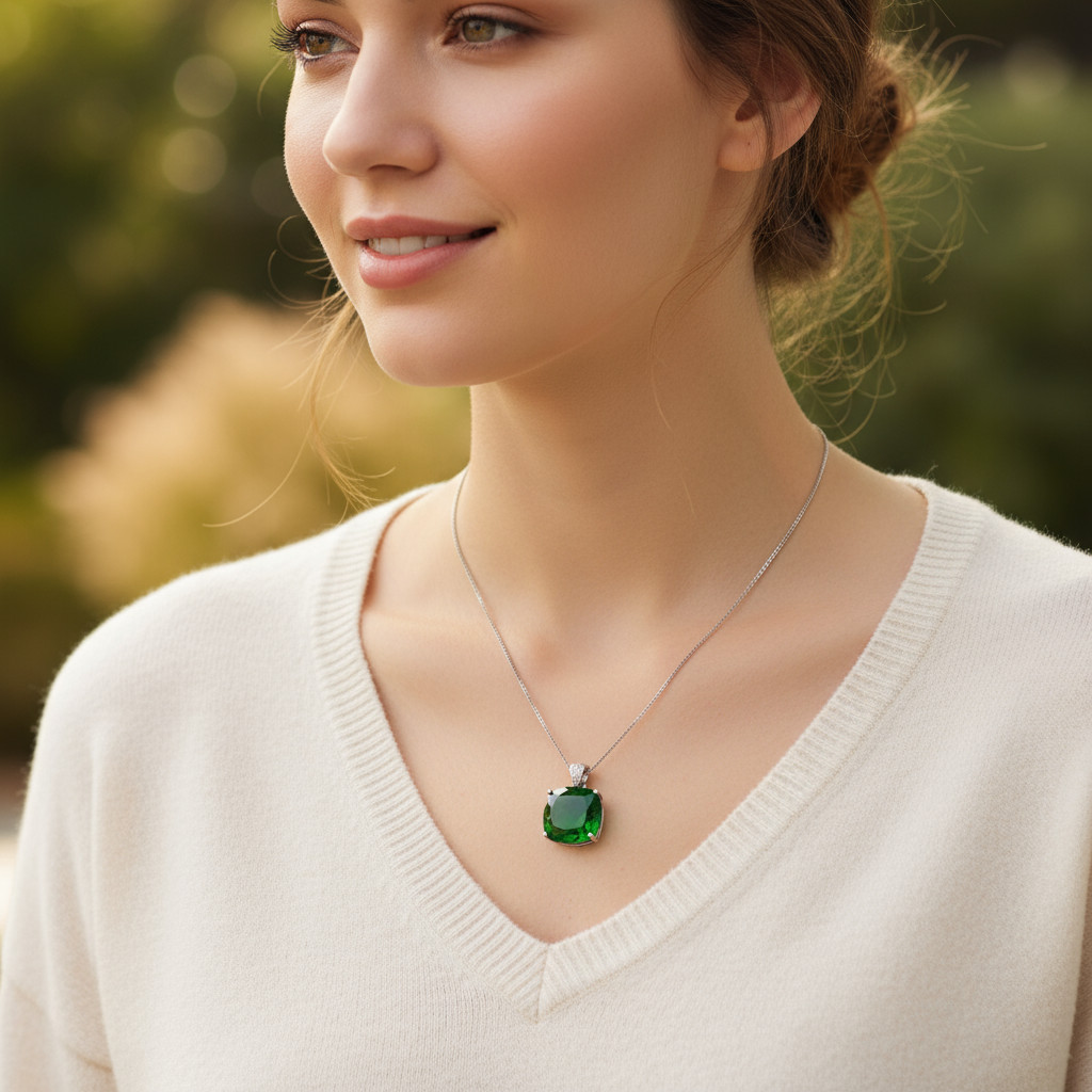 Handmade Green Emerald Cushion Cut Pendant Necklace: Love & Abundance