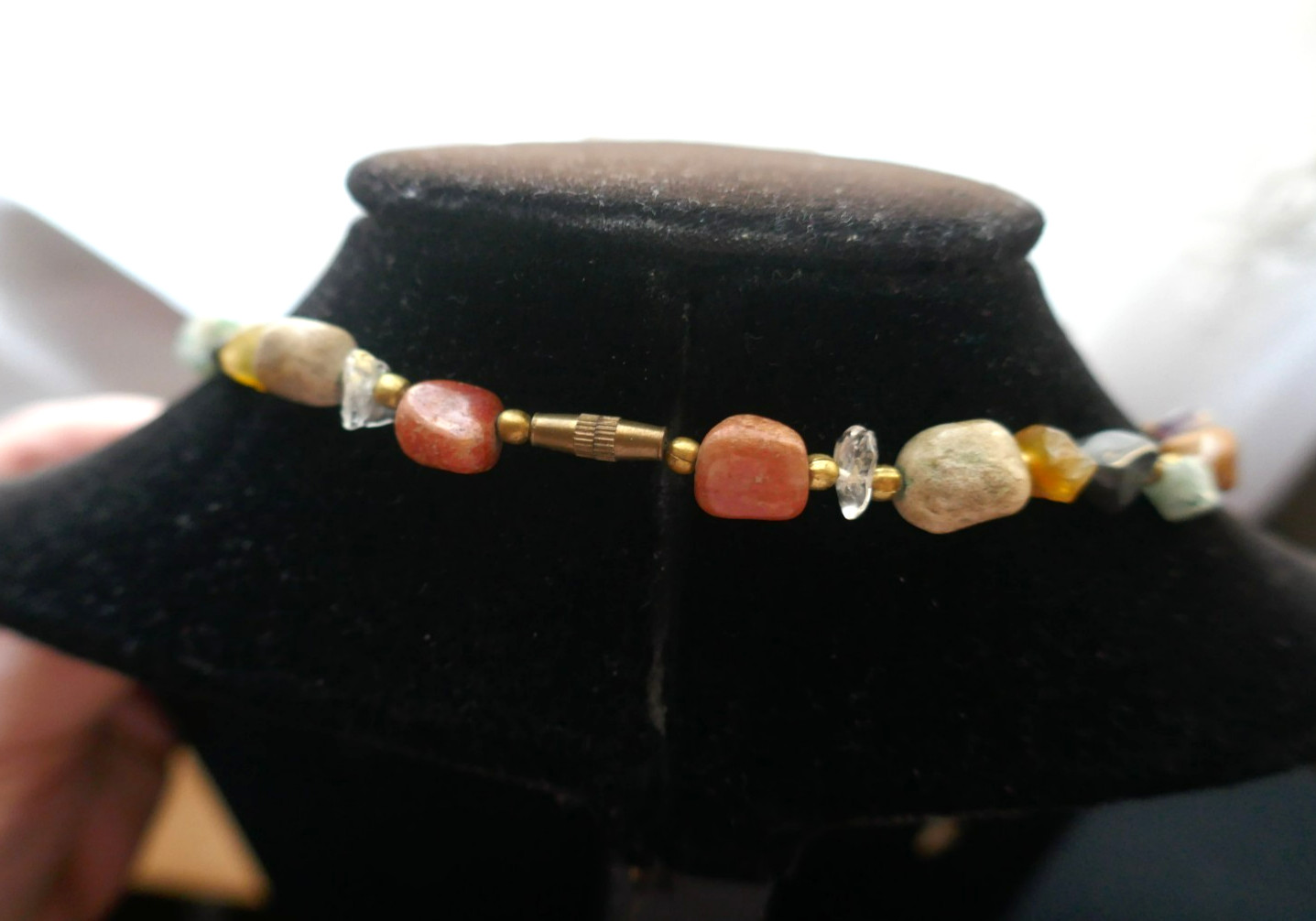 VTG 28″ Earth Tone Beggar Beads Semi Precious Gemstone Necklace w Brass Clasp