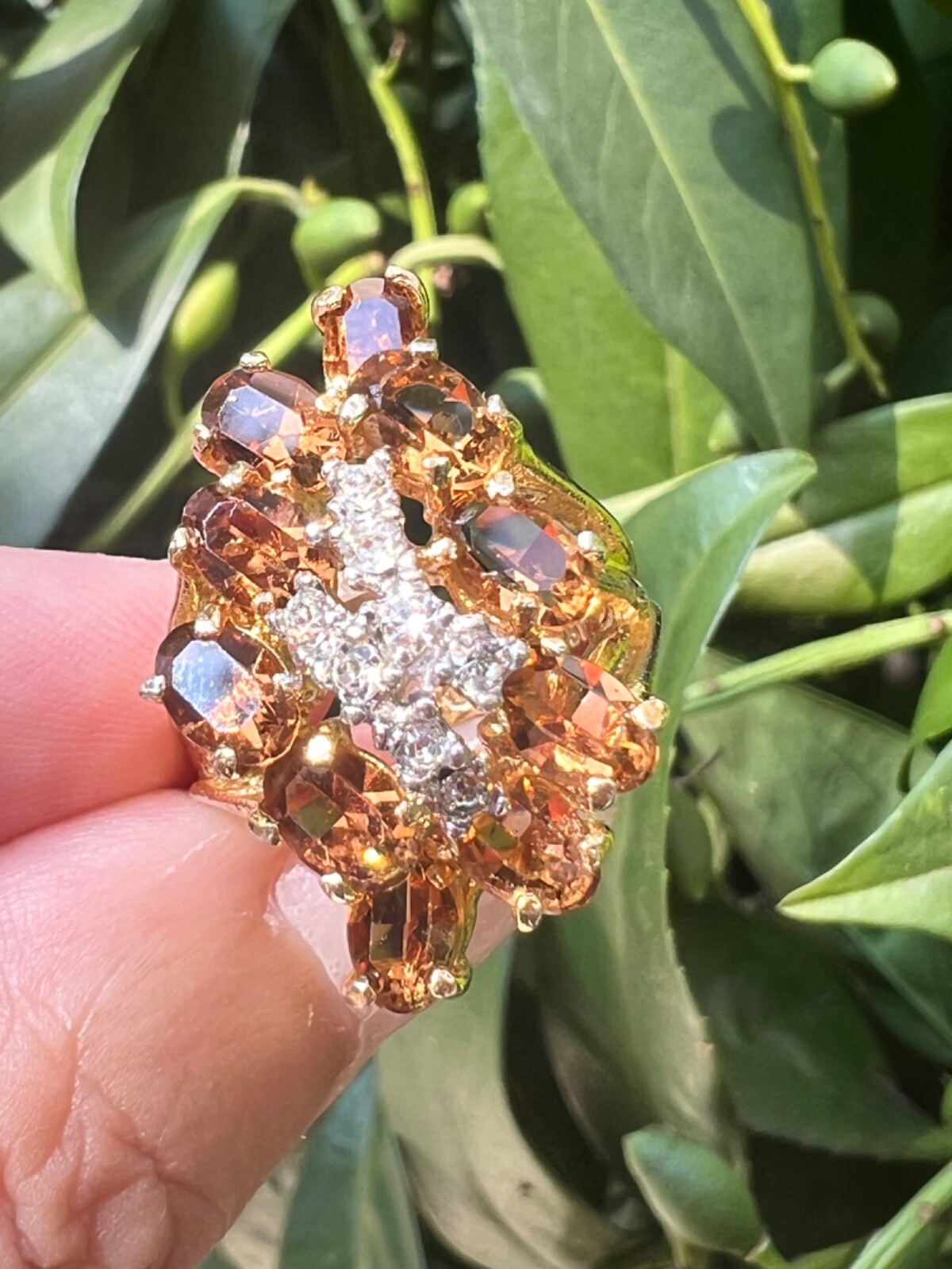 VINTAGE LARGE FAUX CITRINE GLASS CZ CUBIC ZIRCONIA COCKTAIL DRESS RING STATEMENT