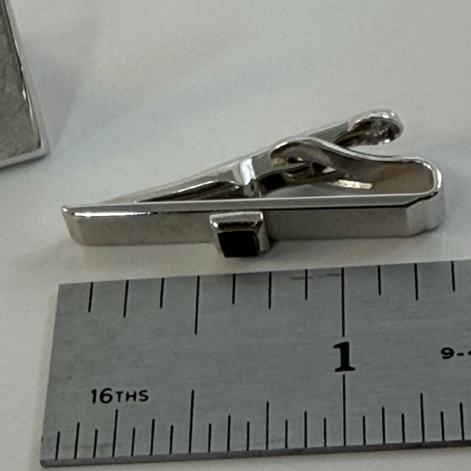 Swank Tie Clip and Cuff Links Set Brushed Silver Tone Onyx Stone
