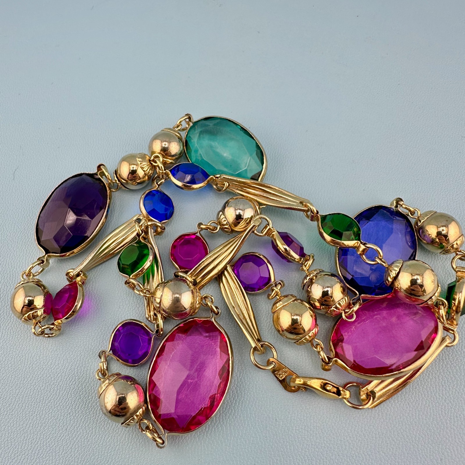 Vintage Open Bezel Lucite Necklace Gold Tone Multicolor Oval Round Faceted
