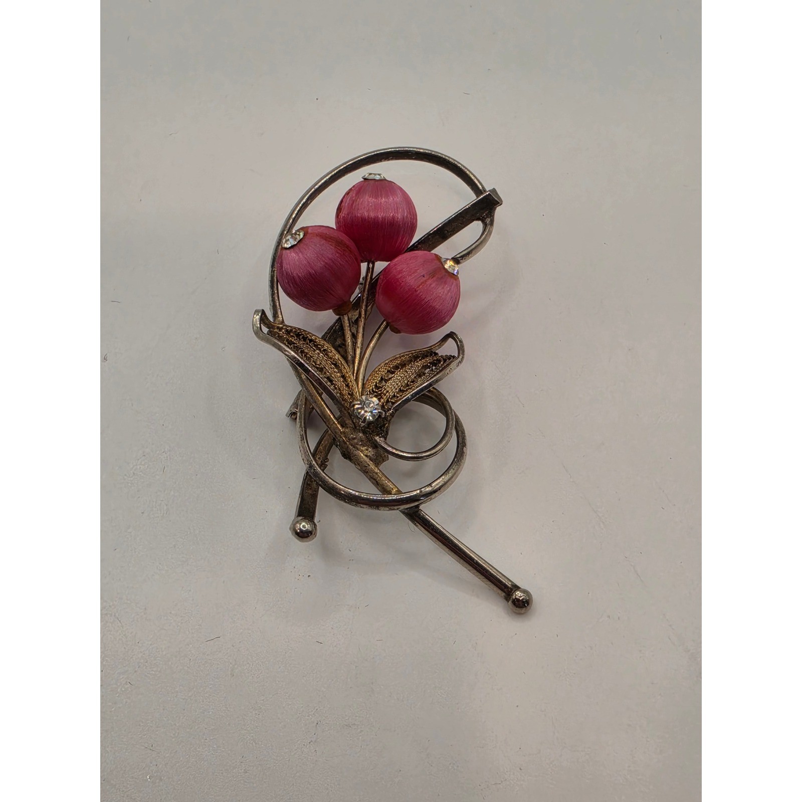 Vintage Silver Tone Pink Satin Wrapped Bead Floral Spray Filigree Brooch Pin