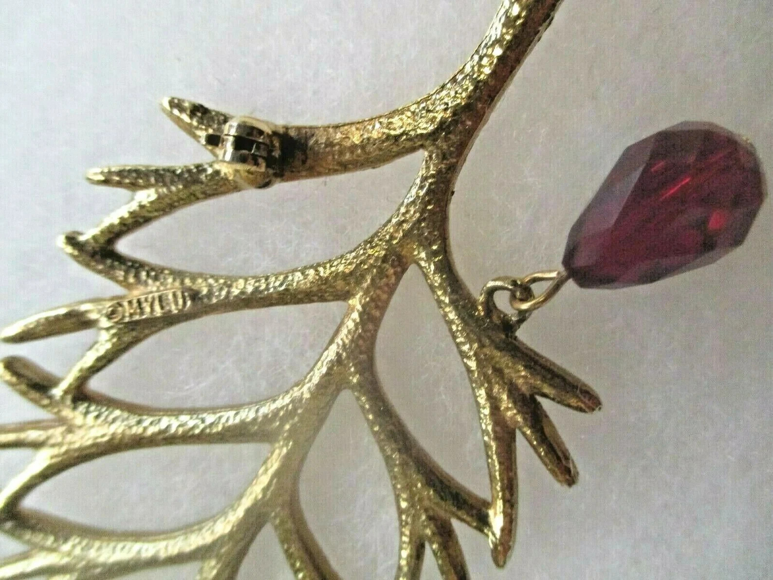 MYLU CHRISTMAS TREE BROOCH RUBY RED DANGLE DROP CRYSTAL AB MINTY RARE STUNNING