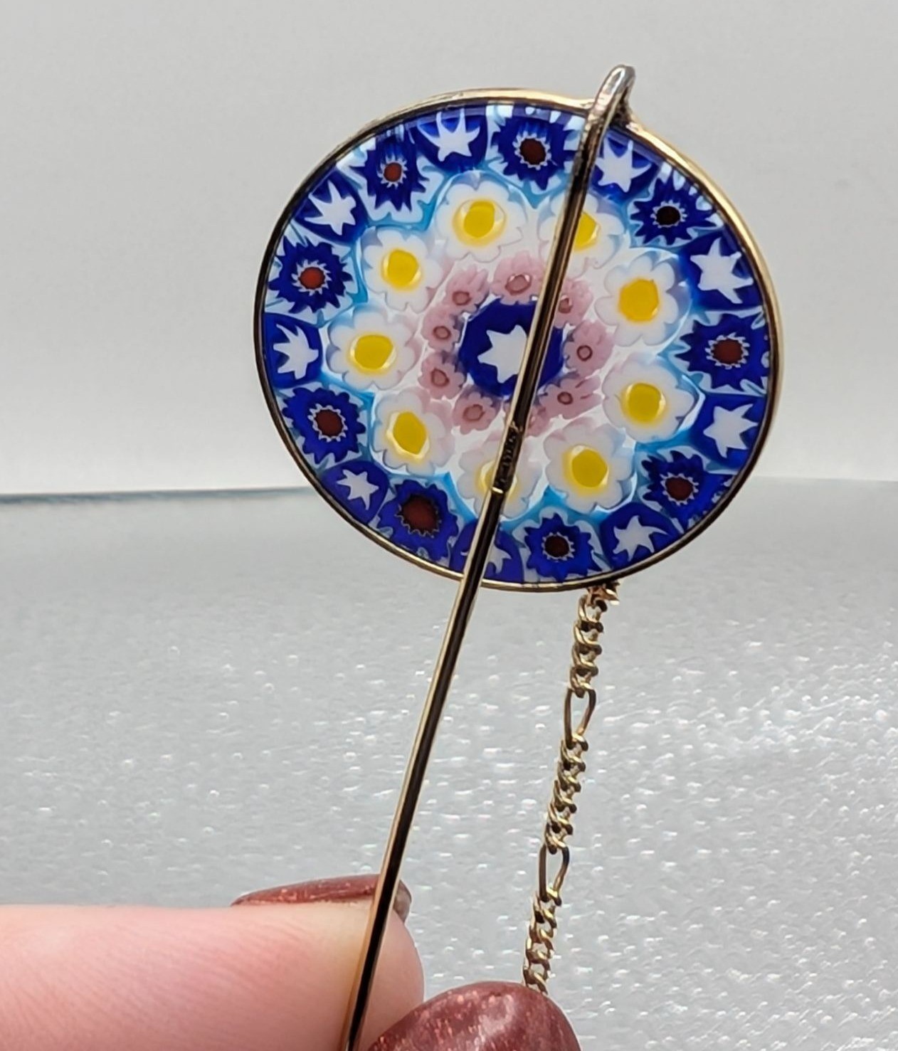 Vintage Italian Millefiori Glass Stick Pin With Gold-Tone Chain & Safety Clasp F