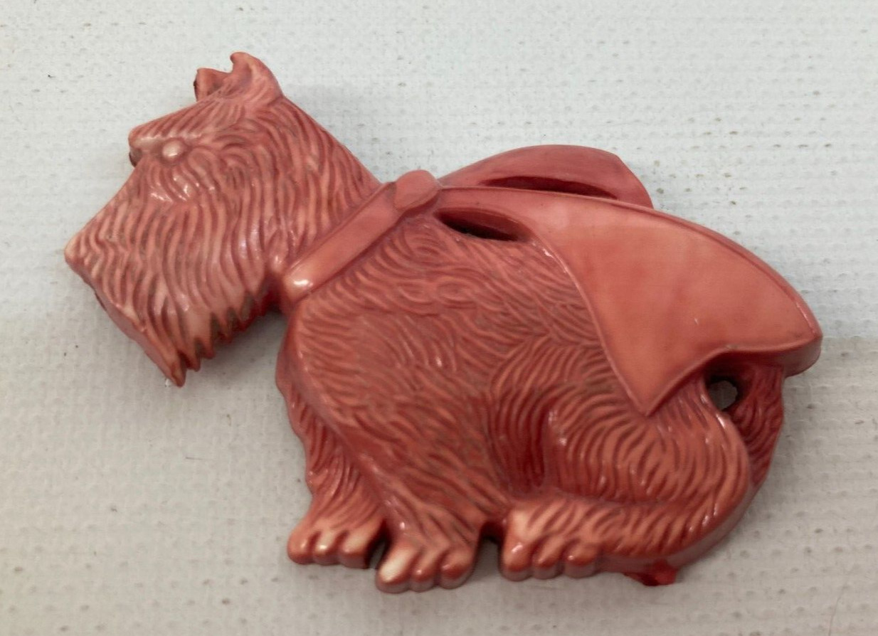 Vintage Pinkish Salmon Color Plastic Celluloid Scottie Dog Pin Brooch