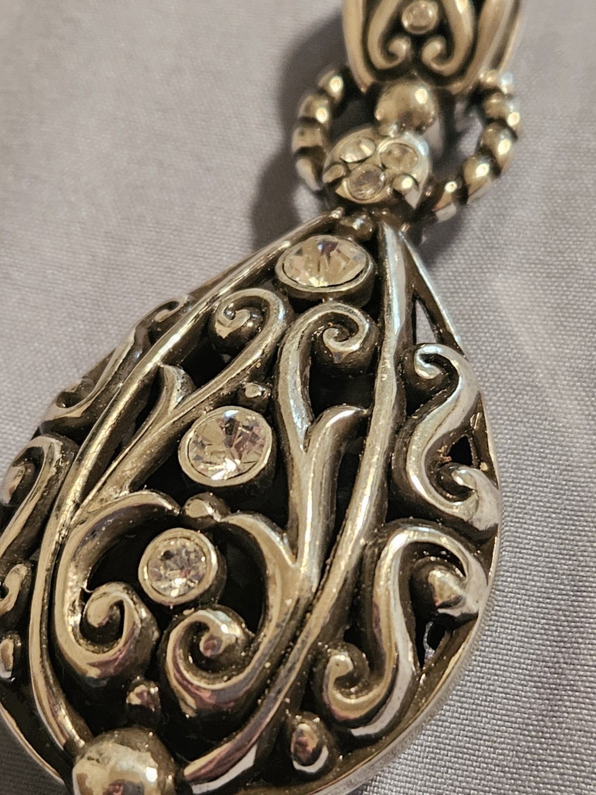 Antique Silver Pewter, Crystals – Filigree Teardrop Pendant Charm