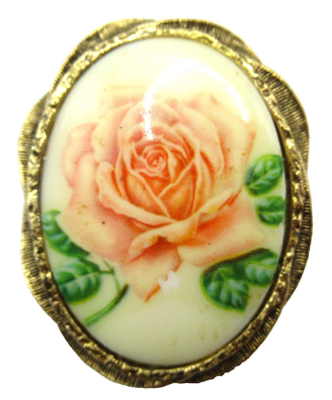 Rose Flower Pink and Green Porcelain Brooch Pin Pendant Vintage