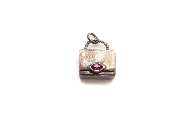 Vintage Sterling Silver 925 Purple Rhinestone Purse Charm Articulating