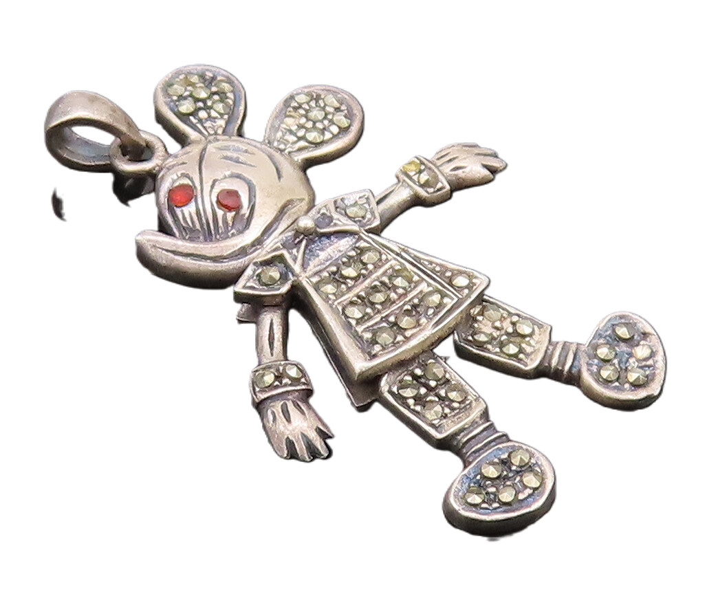 925 Sterling Silver Vintage Pendant Carved Movable Marcasite Micky Mouse PT22743