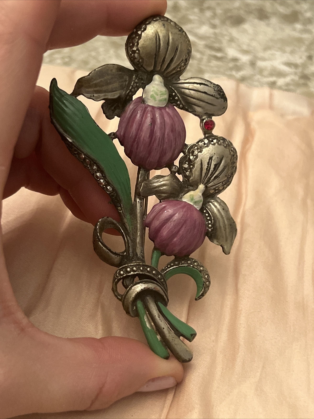 antique pin Flower Enamel Paint Rhinestone Marcasite Metal 4.25” brooch large