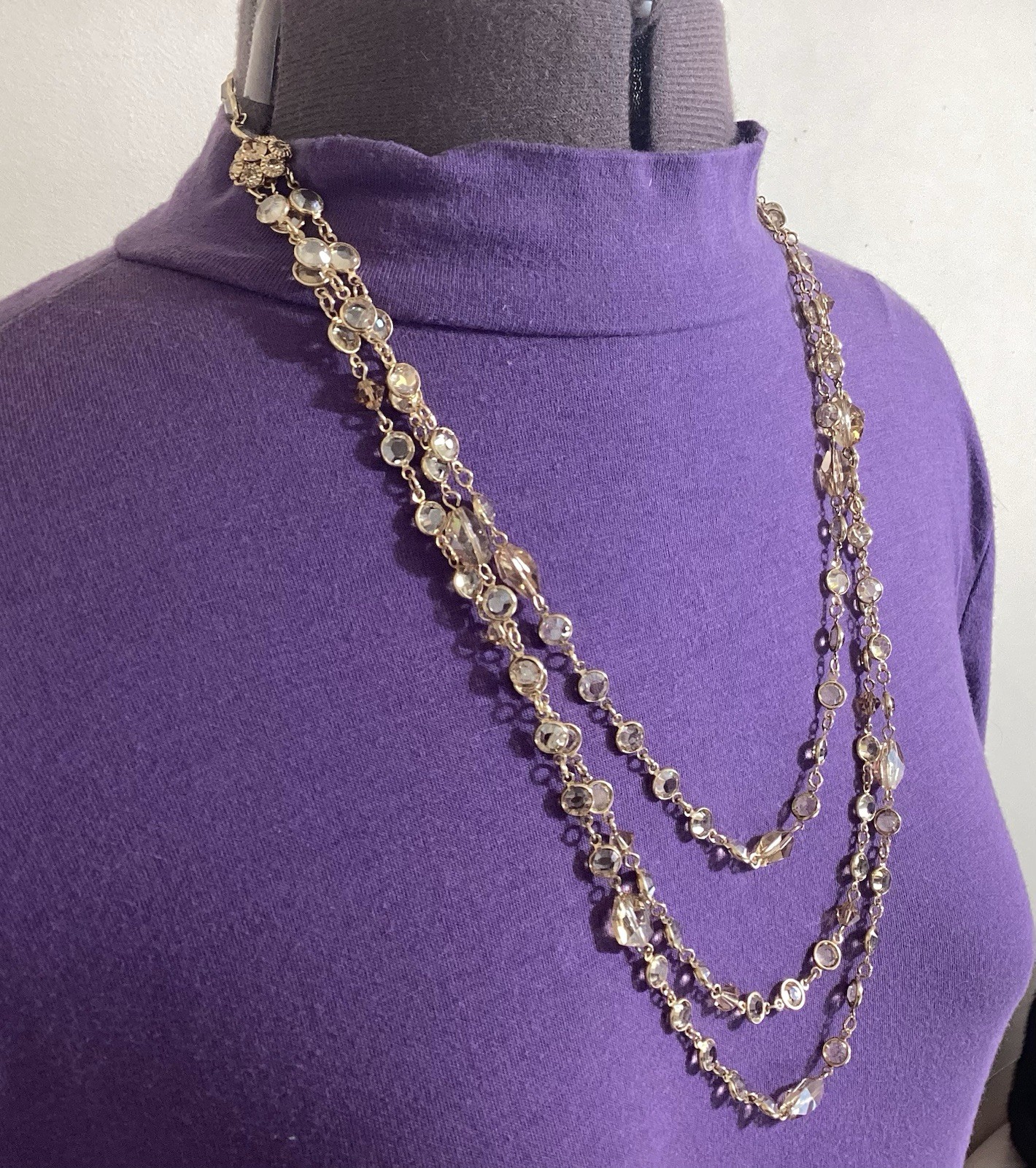 Austrian Crystal USA Signed GoldTone Bezel Champagne Multi-Strand Necklace 24.5”
