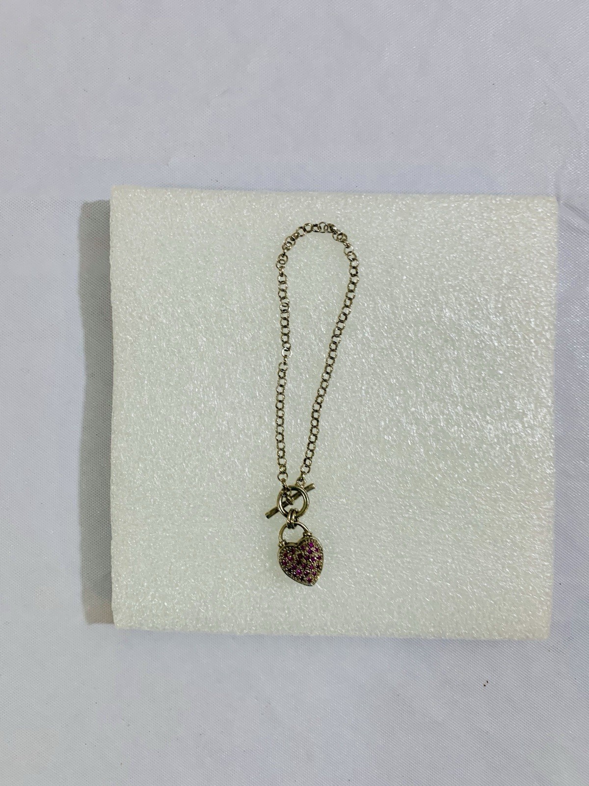 Sterling Silver Vintage Chain Bracelet W/Crystal Heart Charm & Toggle Clasp