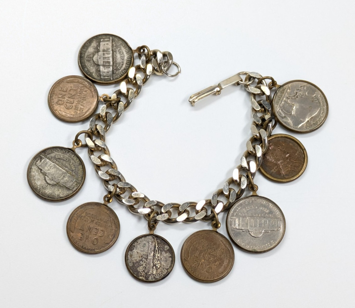 Real Coin Charm Bracelet 25 30s 40s 50s Nickel Wheat Penny Buffalo Mercury Dime