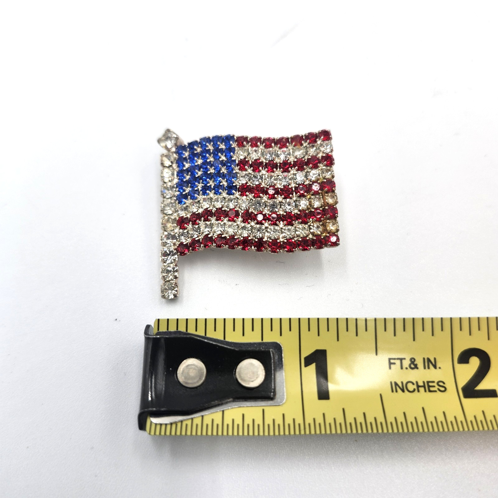 Rhinestone USA American Flag Gold Brooch PIN Stars and Stripes Red White Blue