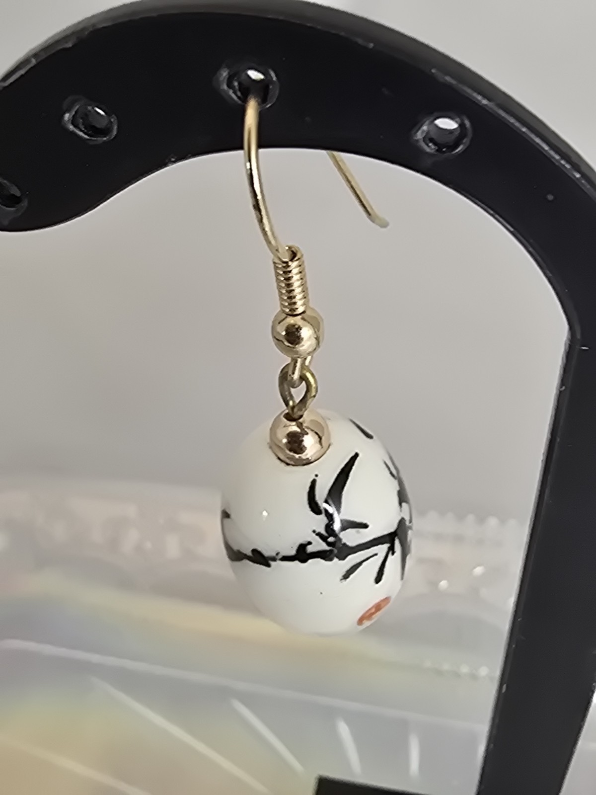 Earrings White Porcelain Bamboo Dangle Earrings Asian Inspired Gold Tone #1019