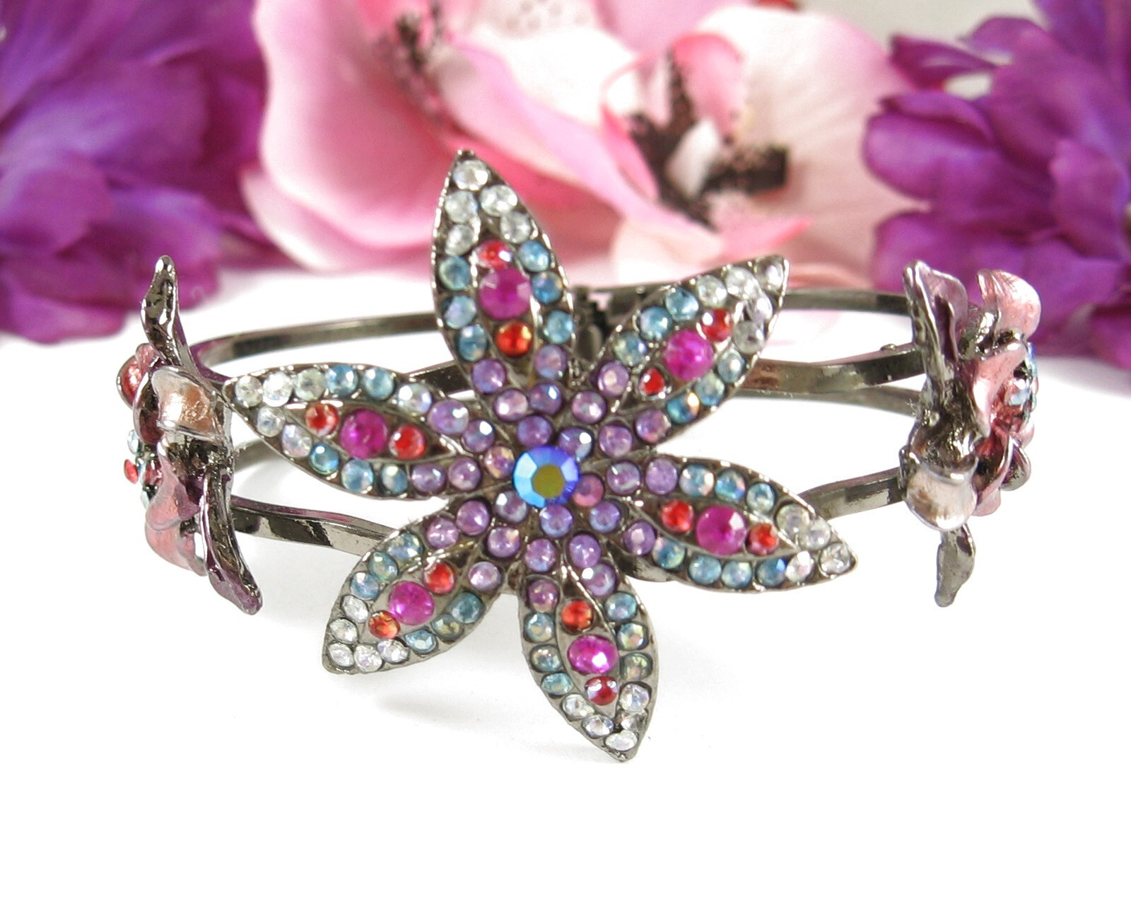 Color RHINESTONE CLAMPER BRACELET Vintage Flowers Pink Purple Gunmetal Gray