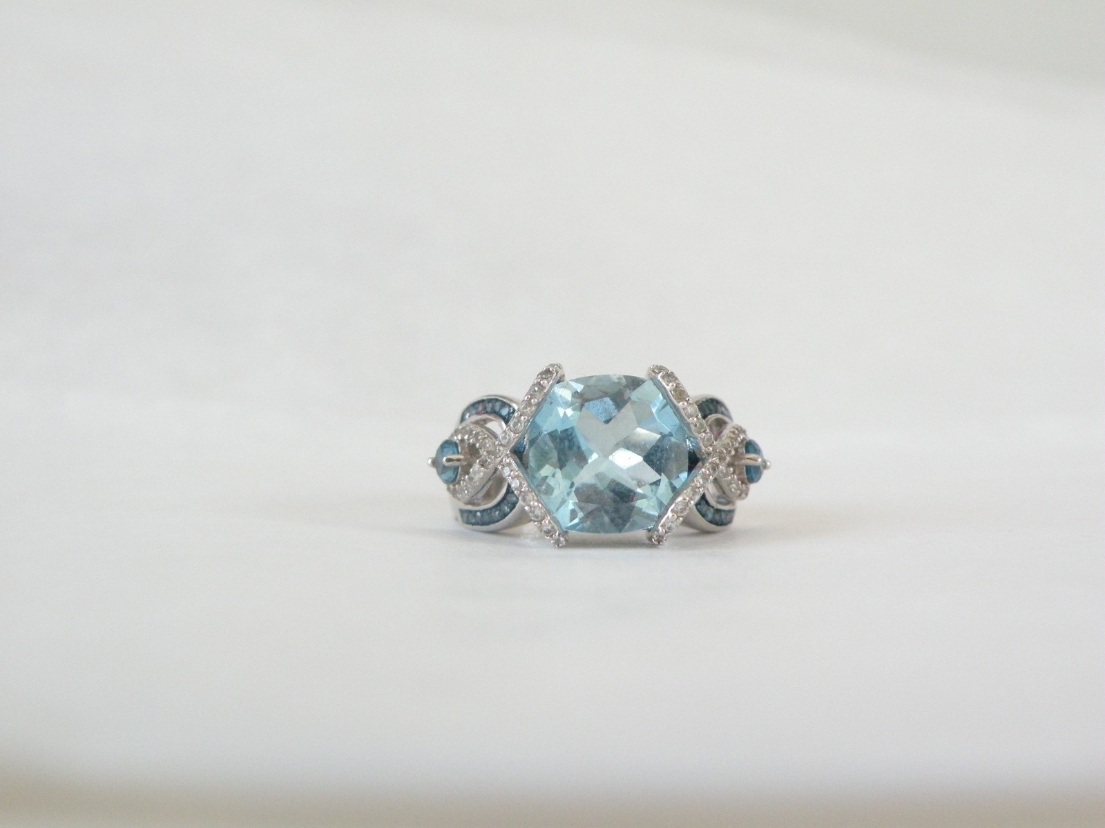 Vintage Style Sterling Silver 925 Natural Heated Blue Topaz Diamond Ring Size 6