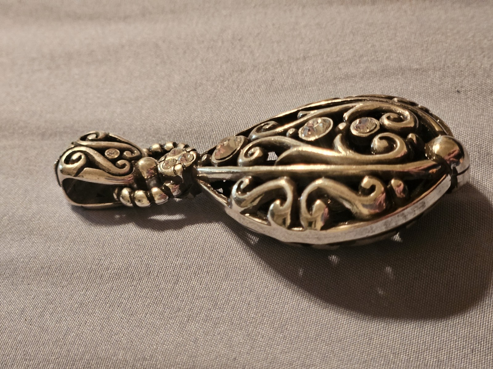 Antique Silver Pewter, Crystals – Filigree Teardrop Pendant Charm