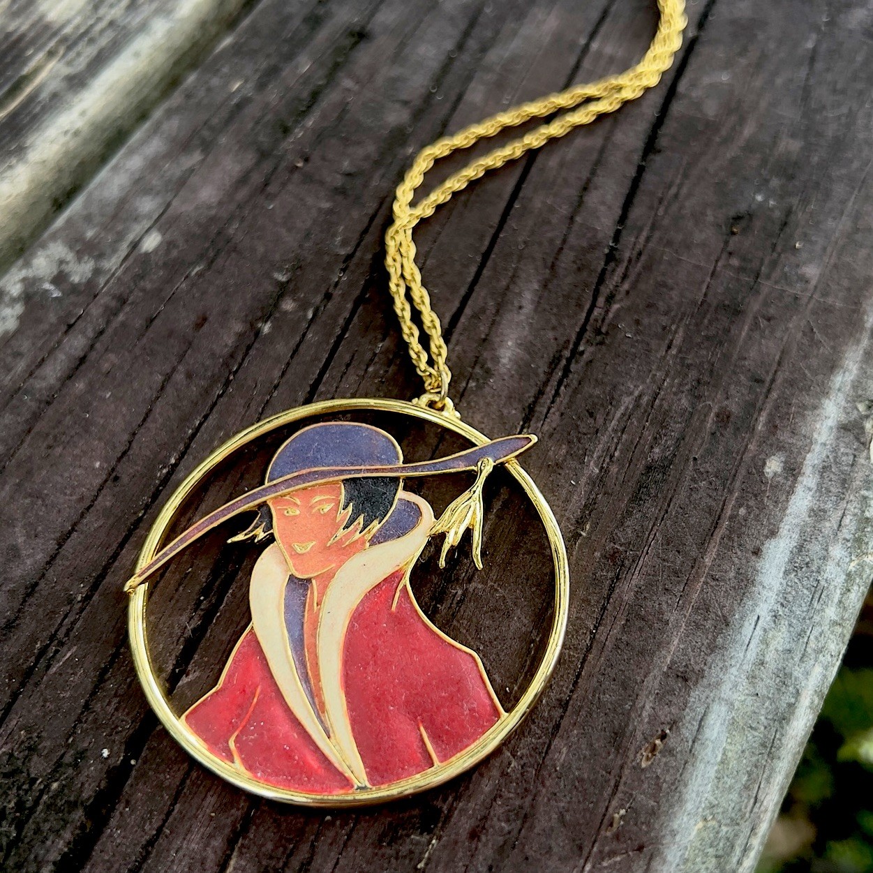 Vtg ORENA Paris Enamel French Art Deco Style Sophisticated Lady Necklace