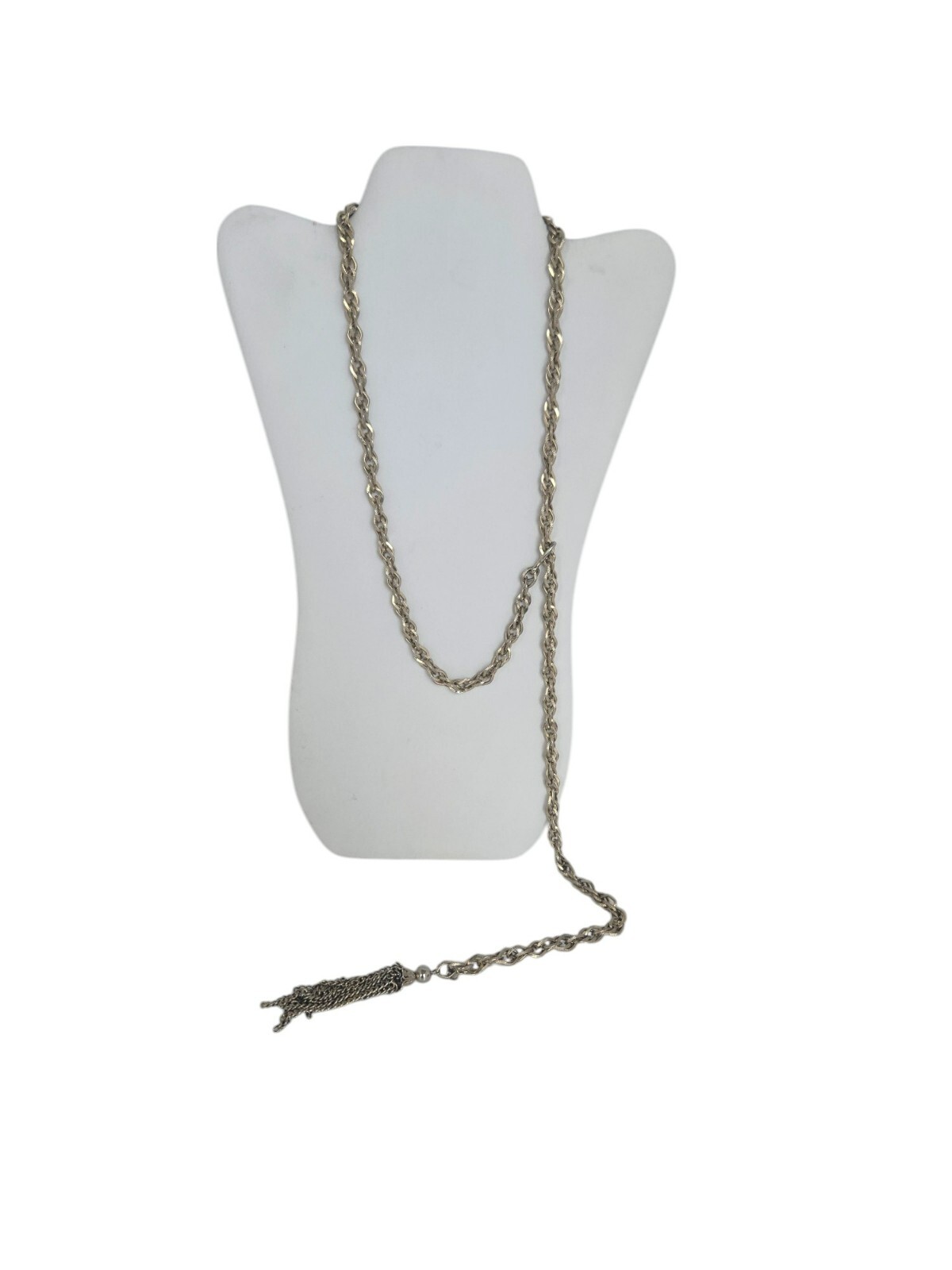 Vintage Gold Tone Textured Link 40″ Necklace w/ J Hook and Tassel