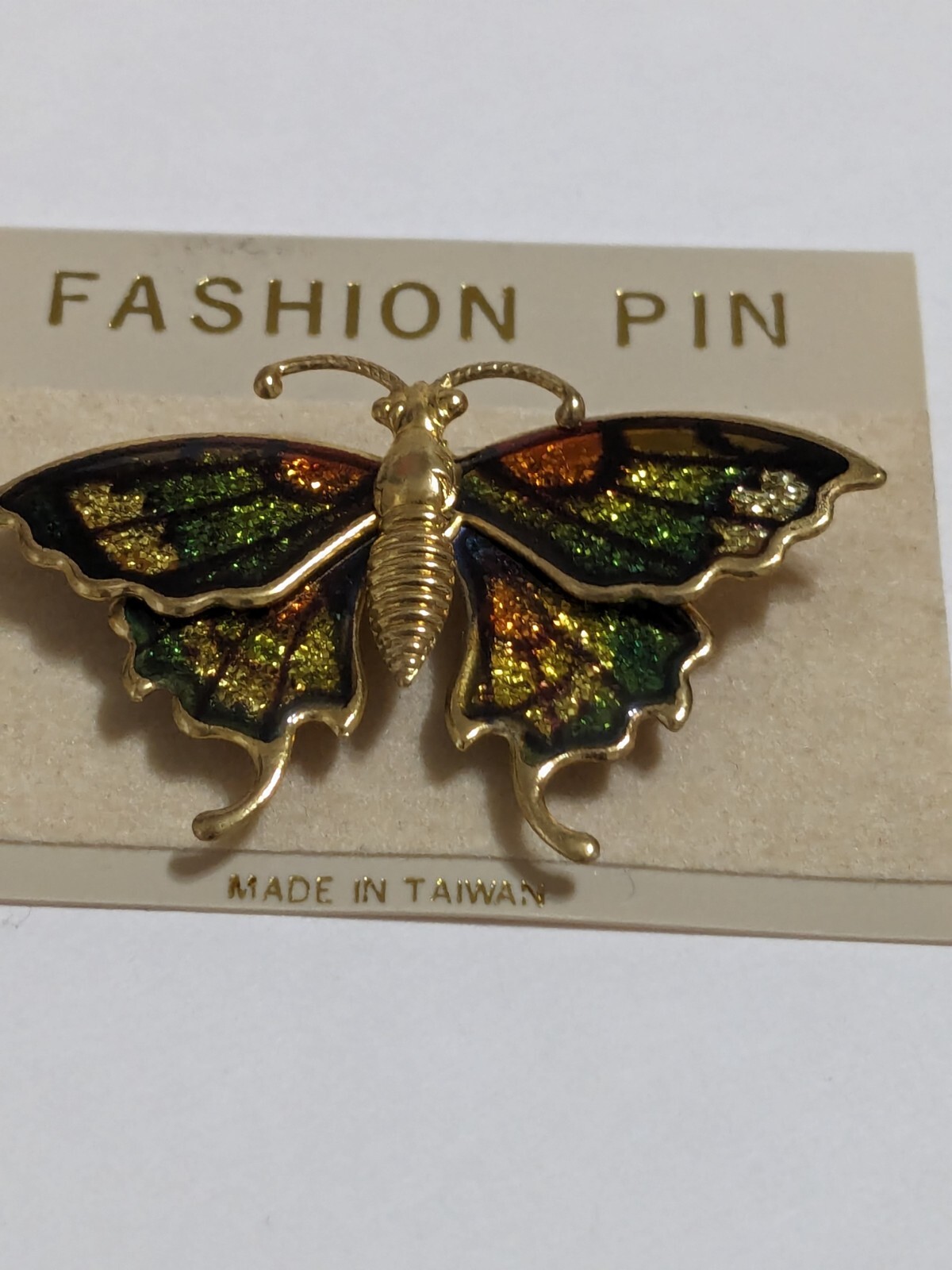 Gold Tone Multi Colored Butterfly Brooch. New. Gold, Brown & Green With Glitter