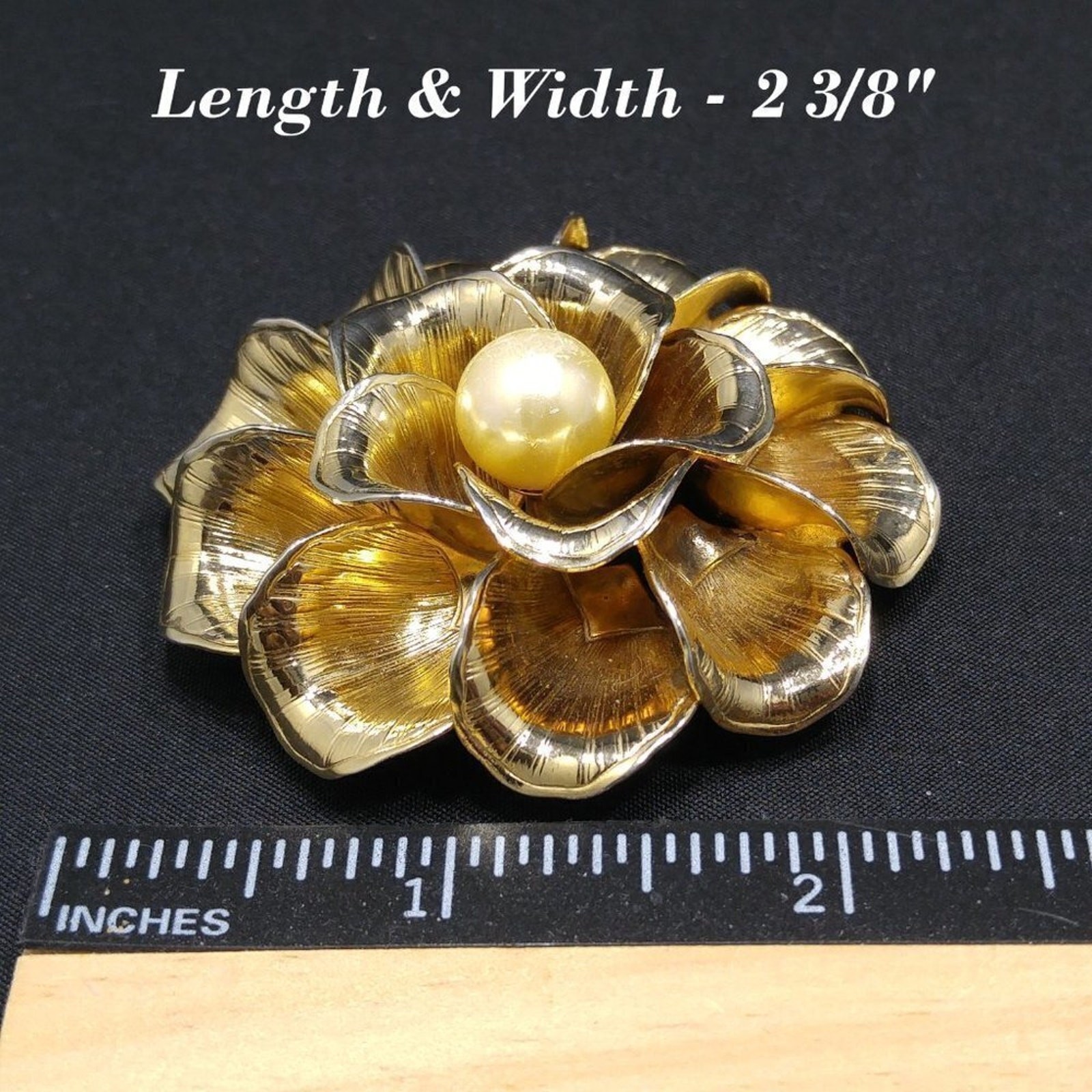 Vintage Flower Gold Plated Brooch, Faux Pearl Center, 1960s, 2 3/8 Inches
