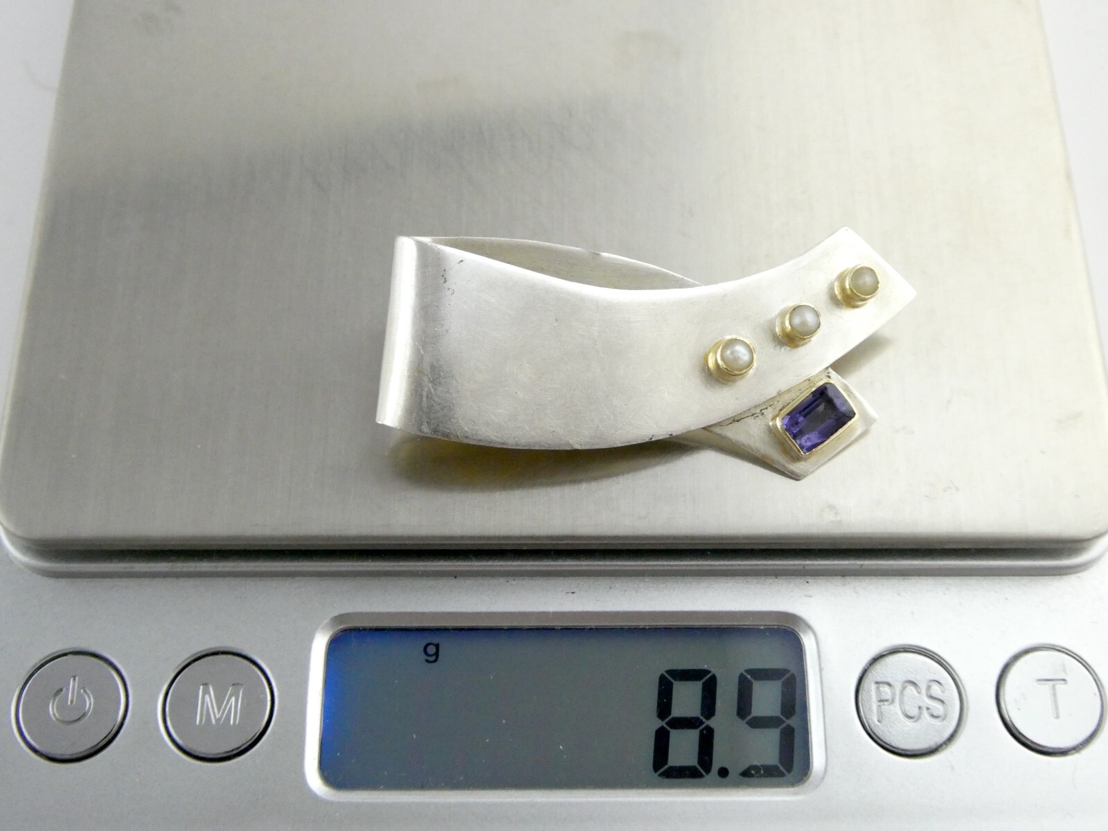 Artisan Designer Sterling Silver Seed Pearl Iolite Pin Pendant Brooch 8.9g 925