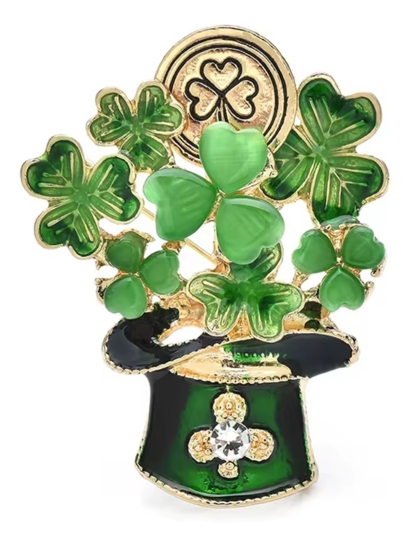 Irish St Patrick’s Day Lucky Leprechaun Hat Full O’Shamrocks Brooch Pin