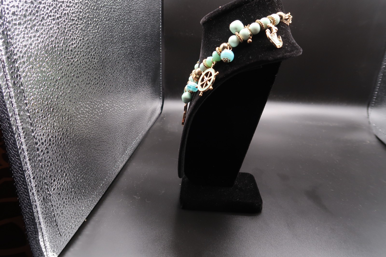 Vtg Nautical Beaded Charm Station Necklace Anchor Ship Wheel Teal & White Enamel