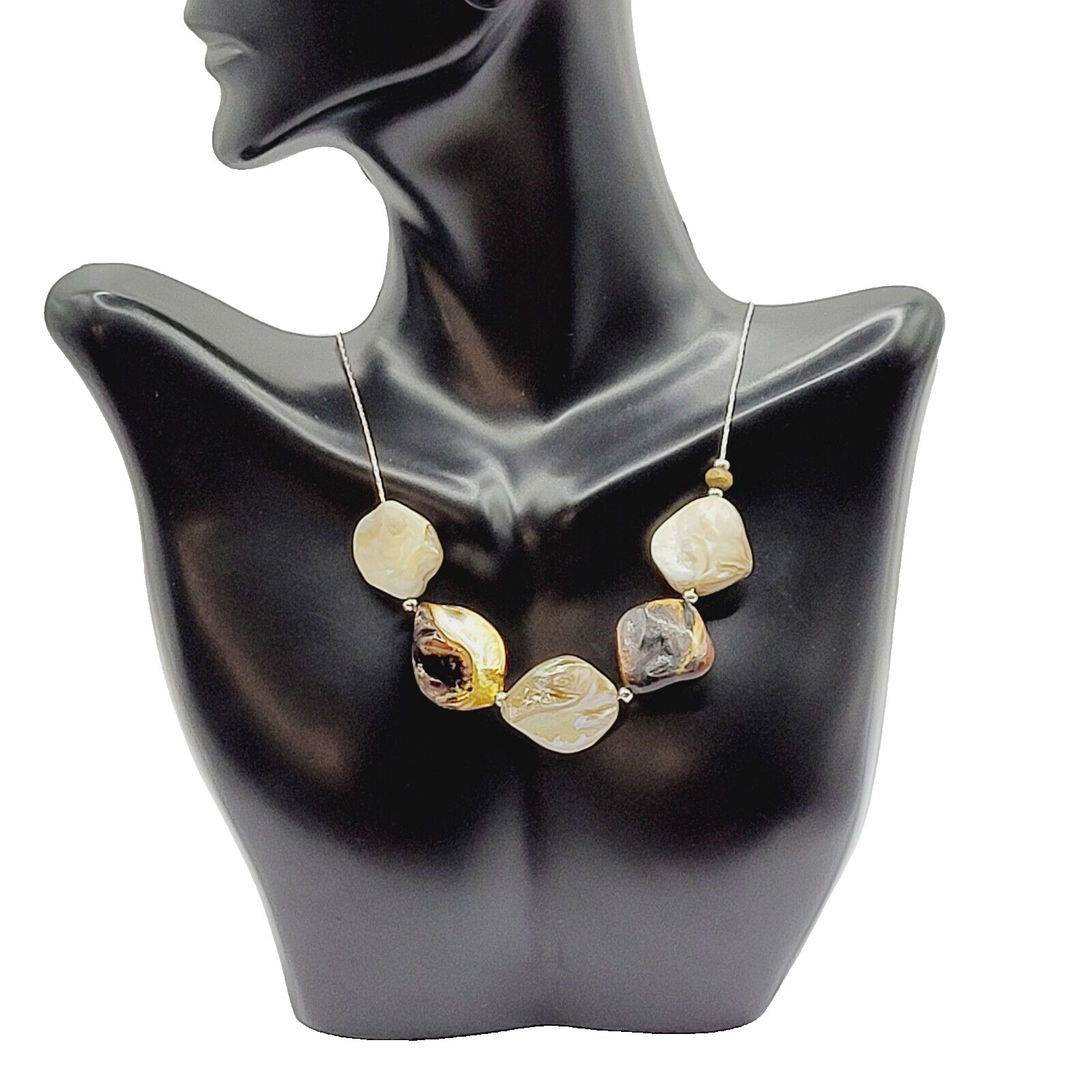 Chunky Mother of Pearl Shell Bead Neutral Color Silver Tone Chain Vtg Necklace